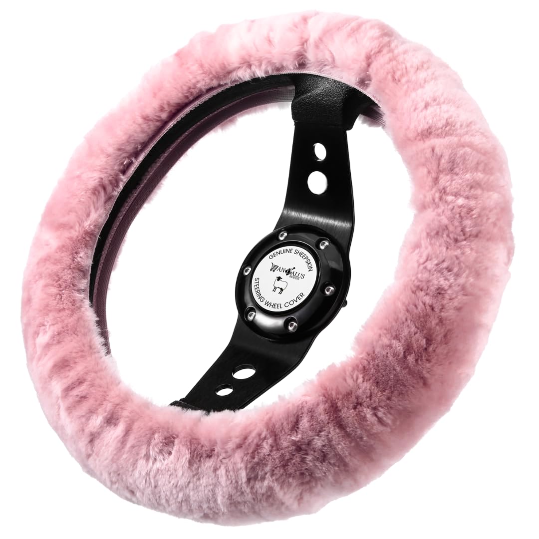 Andalus Brands merino sheepskin steering wheel cover in pink offering warm touch and improved grip