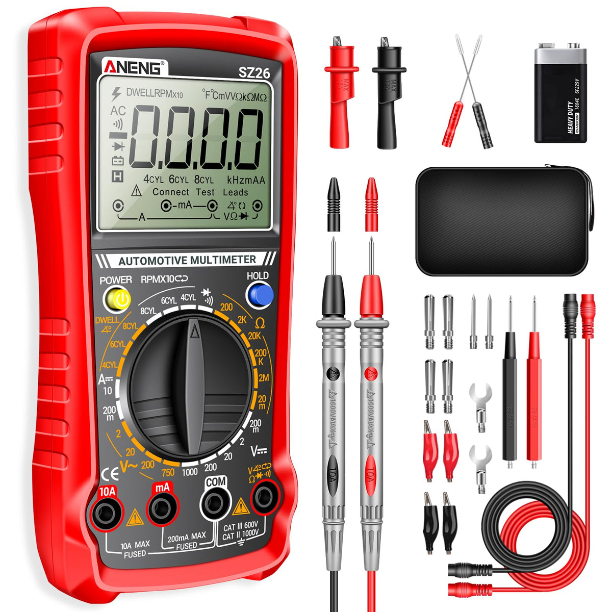 ANENG SZ26 tachometer display for 500–10000 RPM engine diagnostics