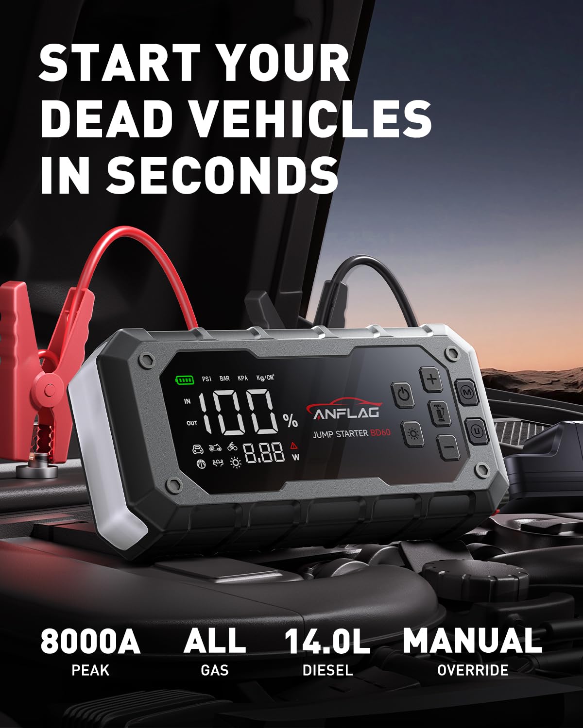 ANFLAG 8000A jump starter reviving a dead car battery quickly.
