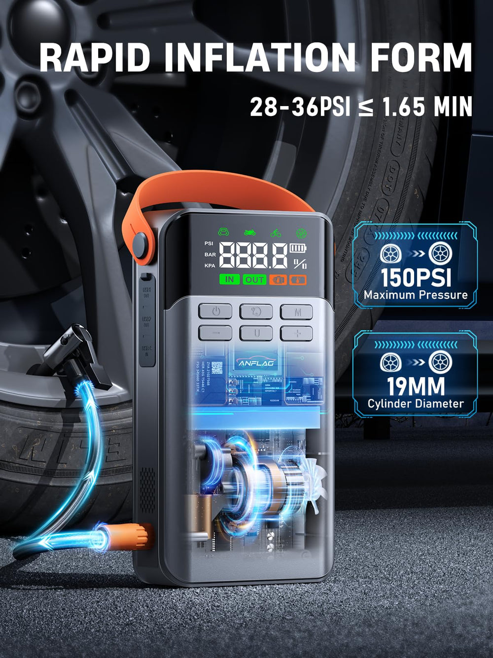 ANFLAG BD50 2.7 inch LCD display shows pressure and status