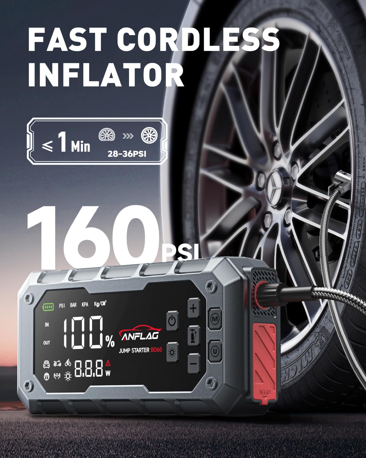 ANFLAG tyre inflator with 160 PSI display providing precise on-site air pressure.
