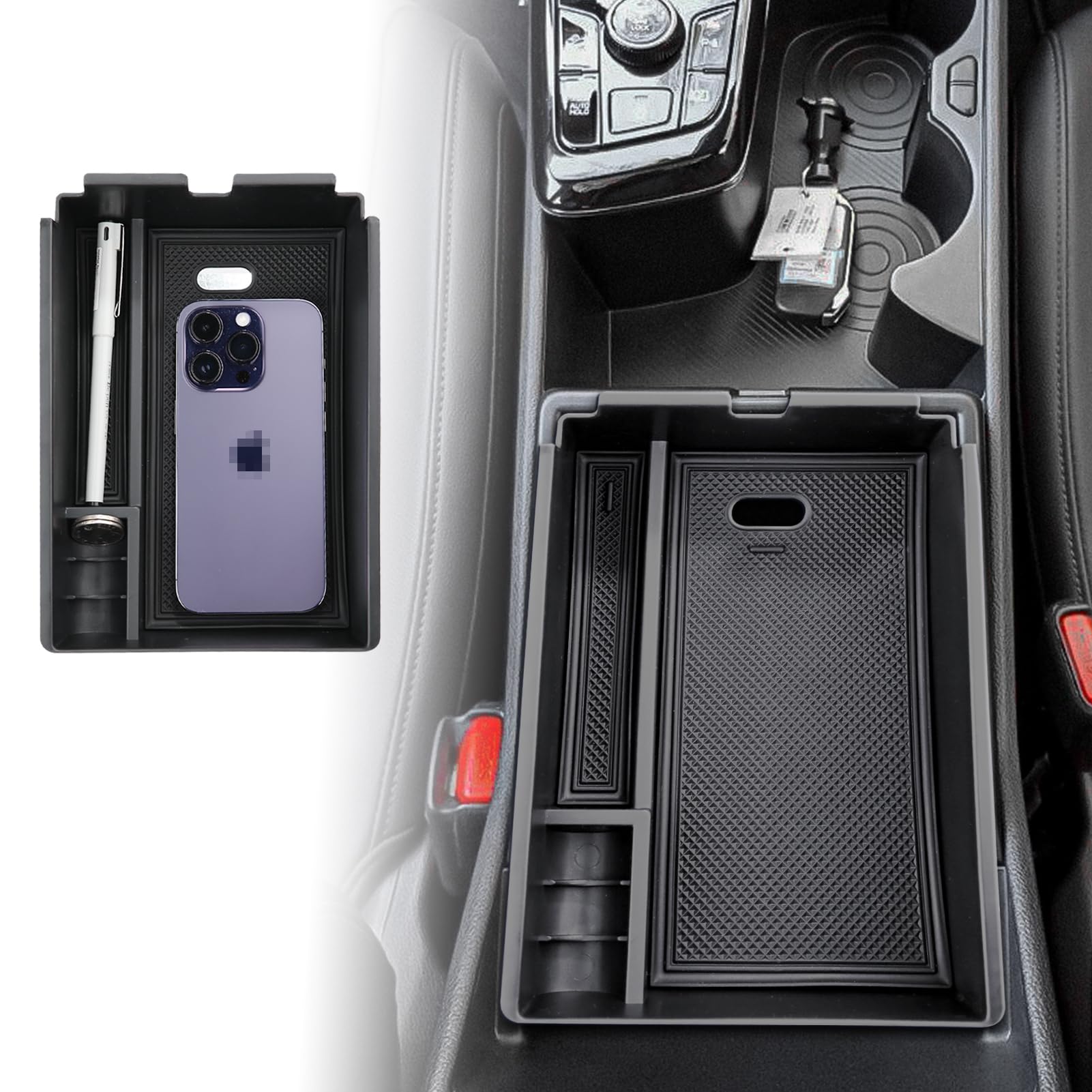 ANFOKAS armrest box for Kia Sportage NQ5 keeps coins and cards neatly organized.