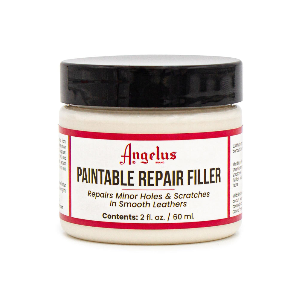 Angelus Leather Filler close-up jar shows flexible repair for minor holes and scratches.