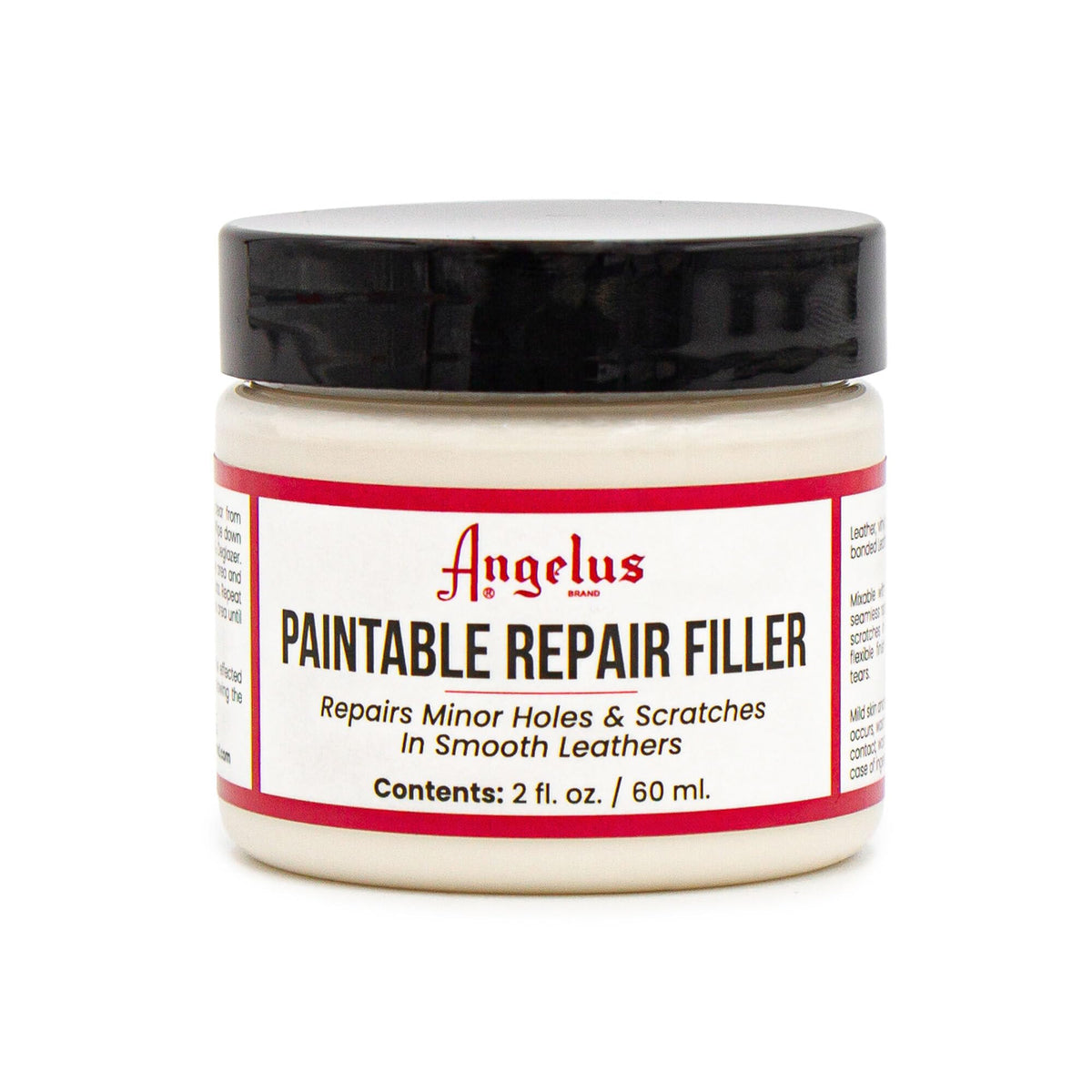 Angelus Leather Filler close-up jar shows flexible repair for minor holes and scratches.