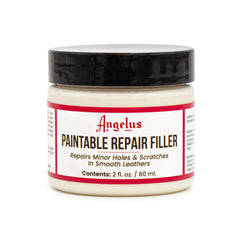 Angelus Leather Filler close-up jar shows flexible repair for minor holes and scratches.