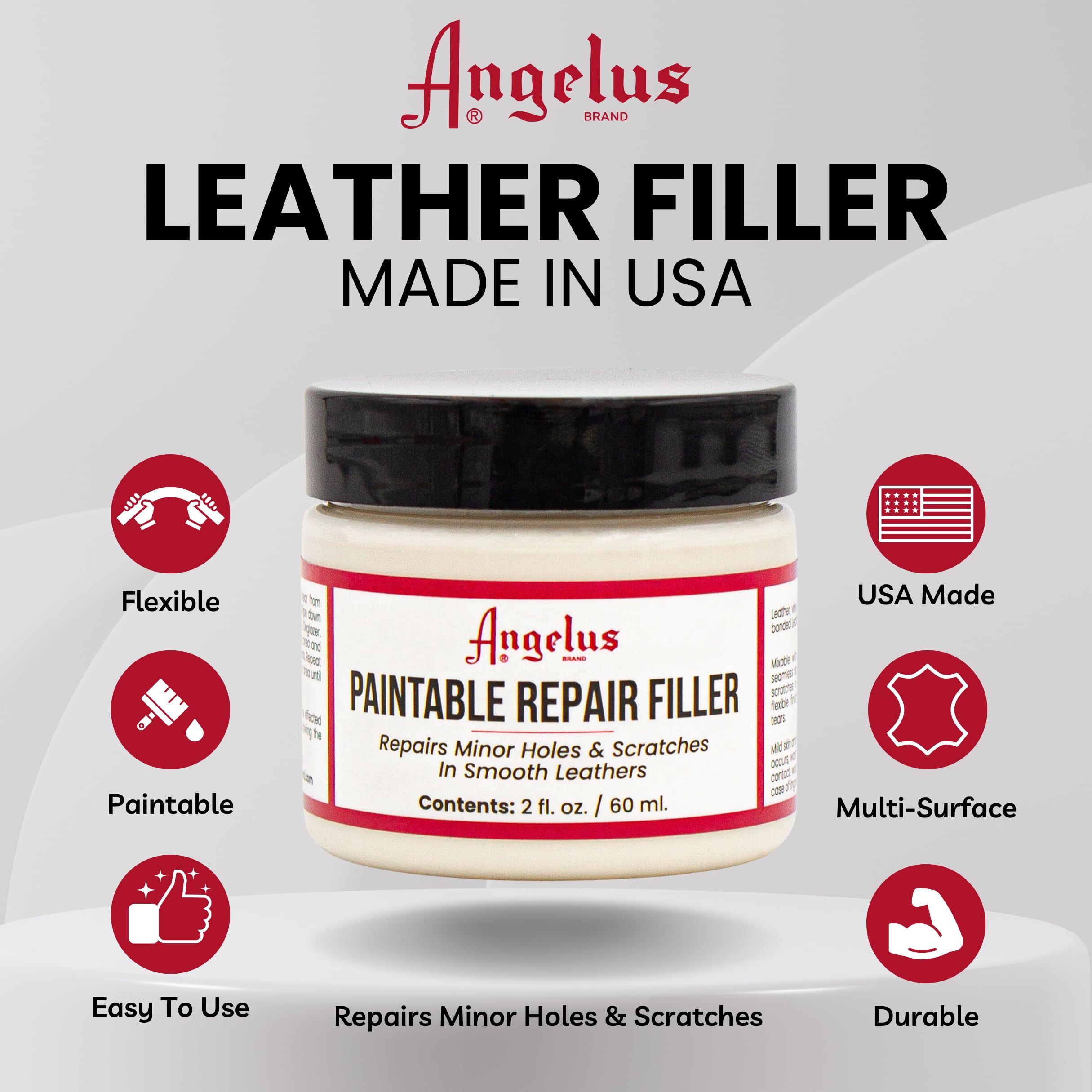 Angelus Leather Filler texture highlights paintable paste for color-matching repairs.