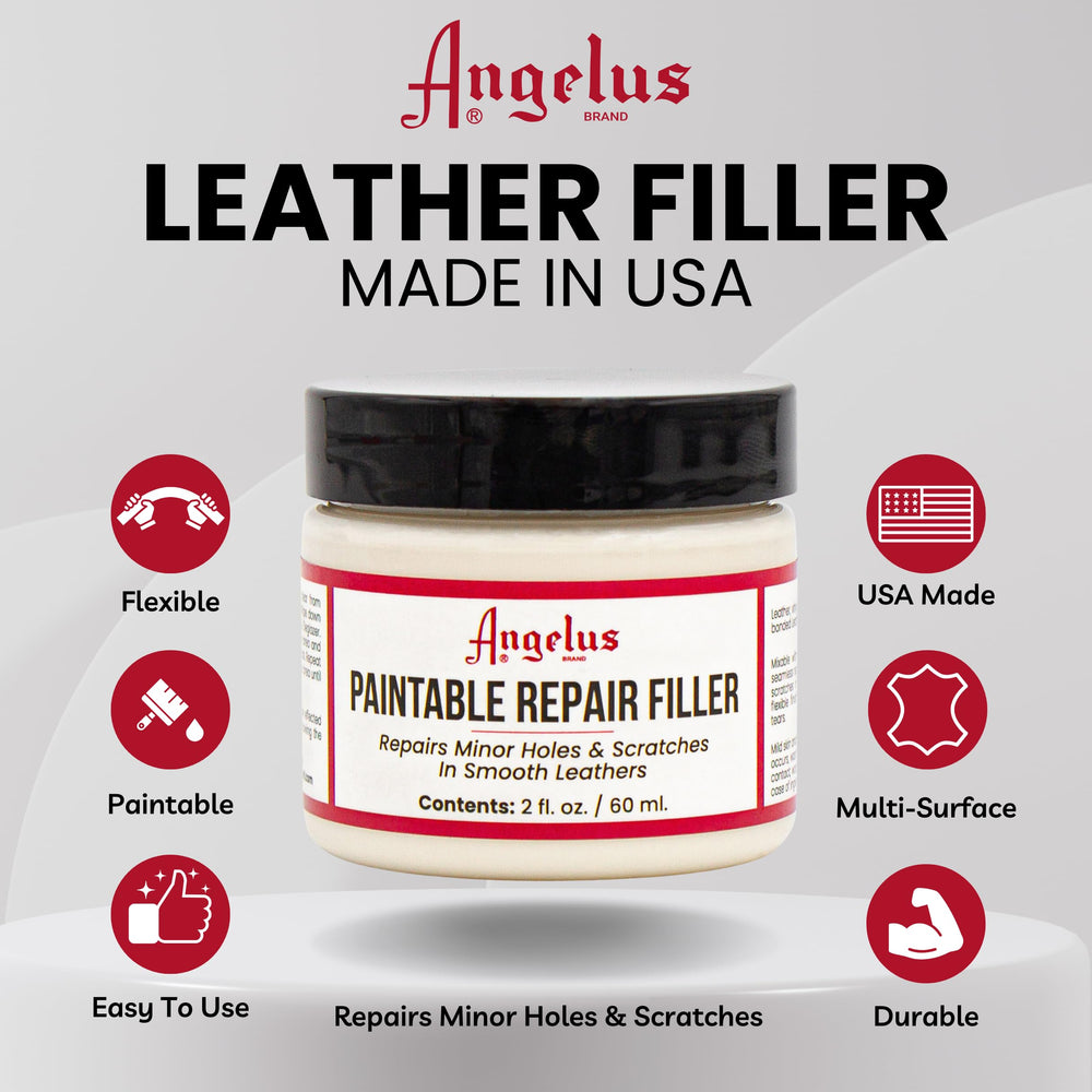 Angelus Leather Filler texture highlights paintable paste for color-matching repairs.