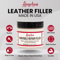 Angelus Leather Filler texture highlights paintable paste for color-matching repairs.
