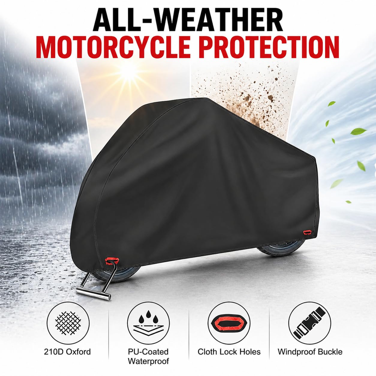AngLink fits Harley, Honda, Yamaha bikes for outdoor storage.