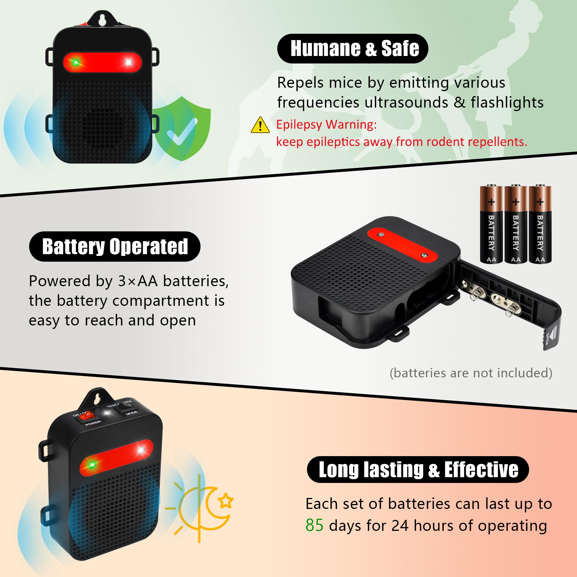 Angveirt strobe-light deterrent offers visual signals to discourage rodents.