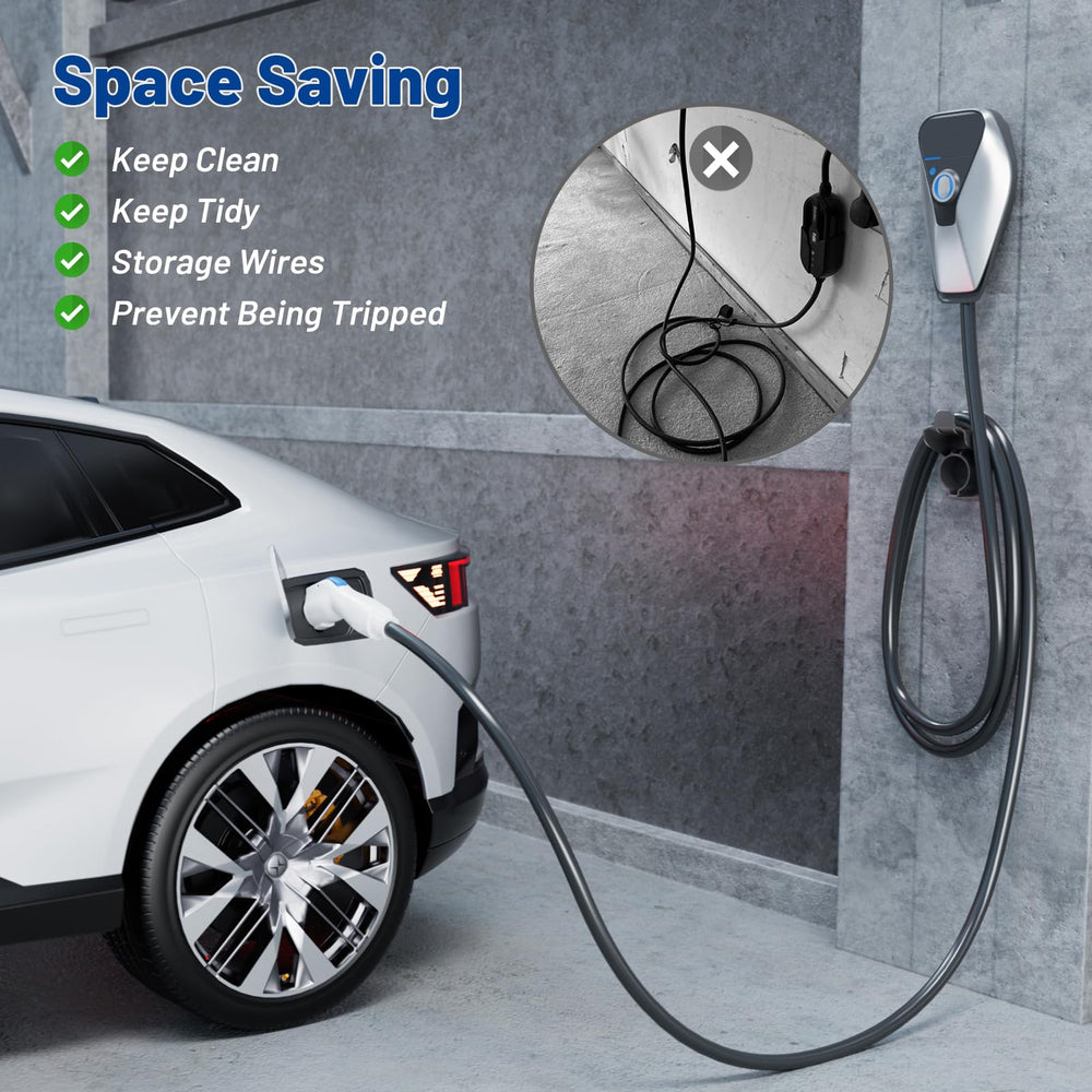 Anina EV Charger Holder space-saving design keeps cables off the floor.