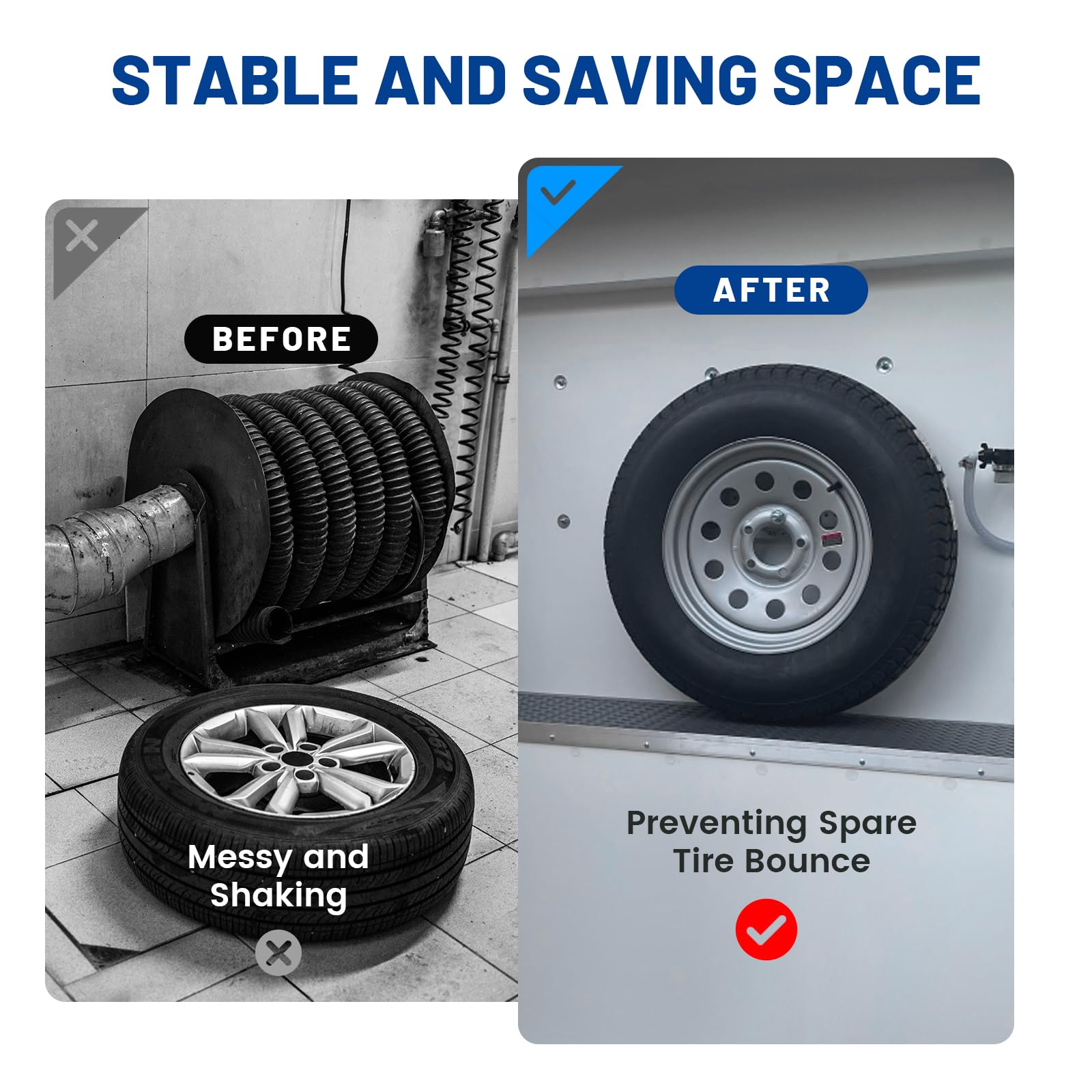 Anina aluminum wall-mount bracket provides durable tire support.