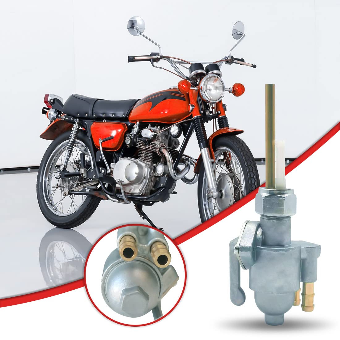 Aniro Moto brass-screen petcock image highlights sediment prevention and overflow filtration