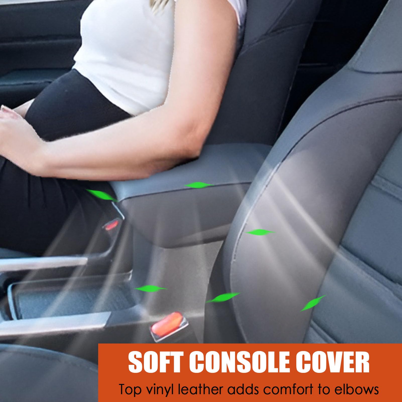 Elastic strap detail on ANMOSVO center console cover for secure fit in black