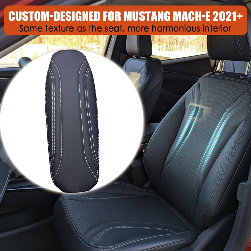 Custom-cut Mach-E cover fits the armrest lid precisely