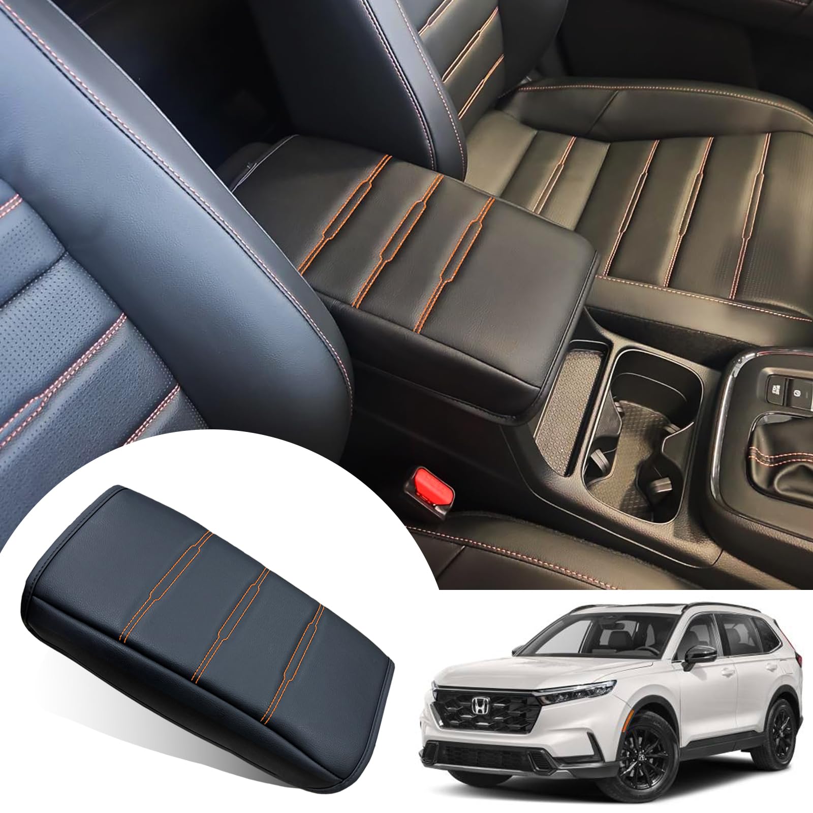 ANMOSVO Honda CR-V center console cover with orange stitches protects against wear while styling the cabin.