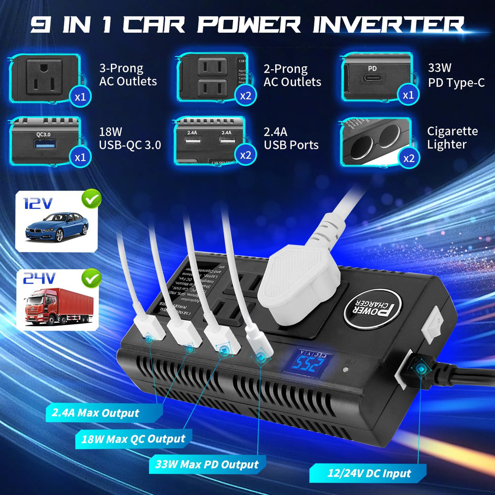 Ansee 120W inverter showing USB ports and display for quick monitoring.