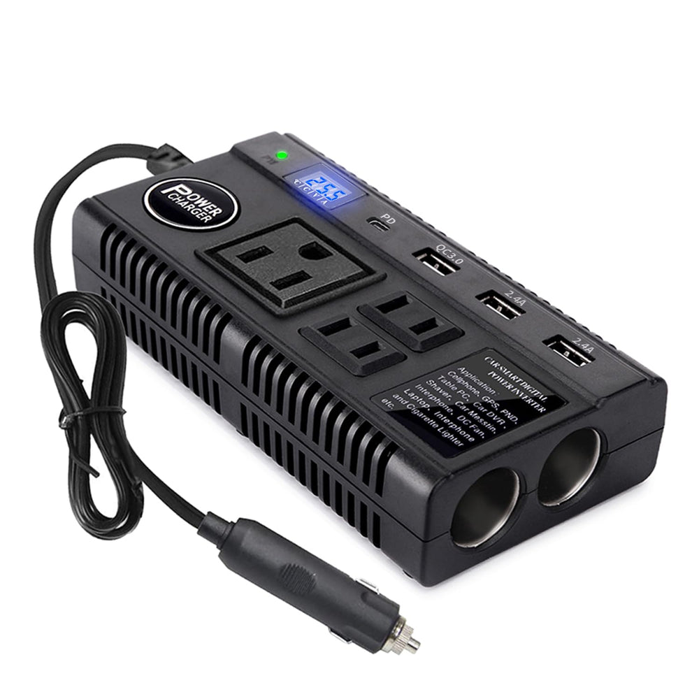 Ansee car power inverter front view with accessible outlets for on-the-go charging.