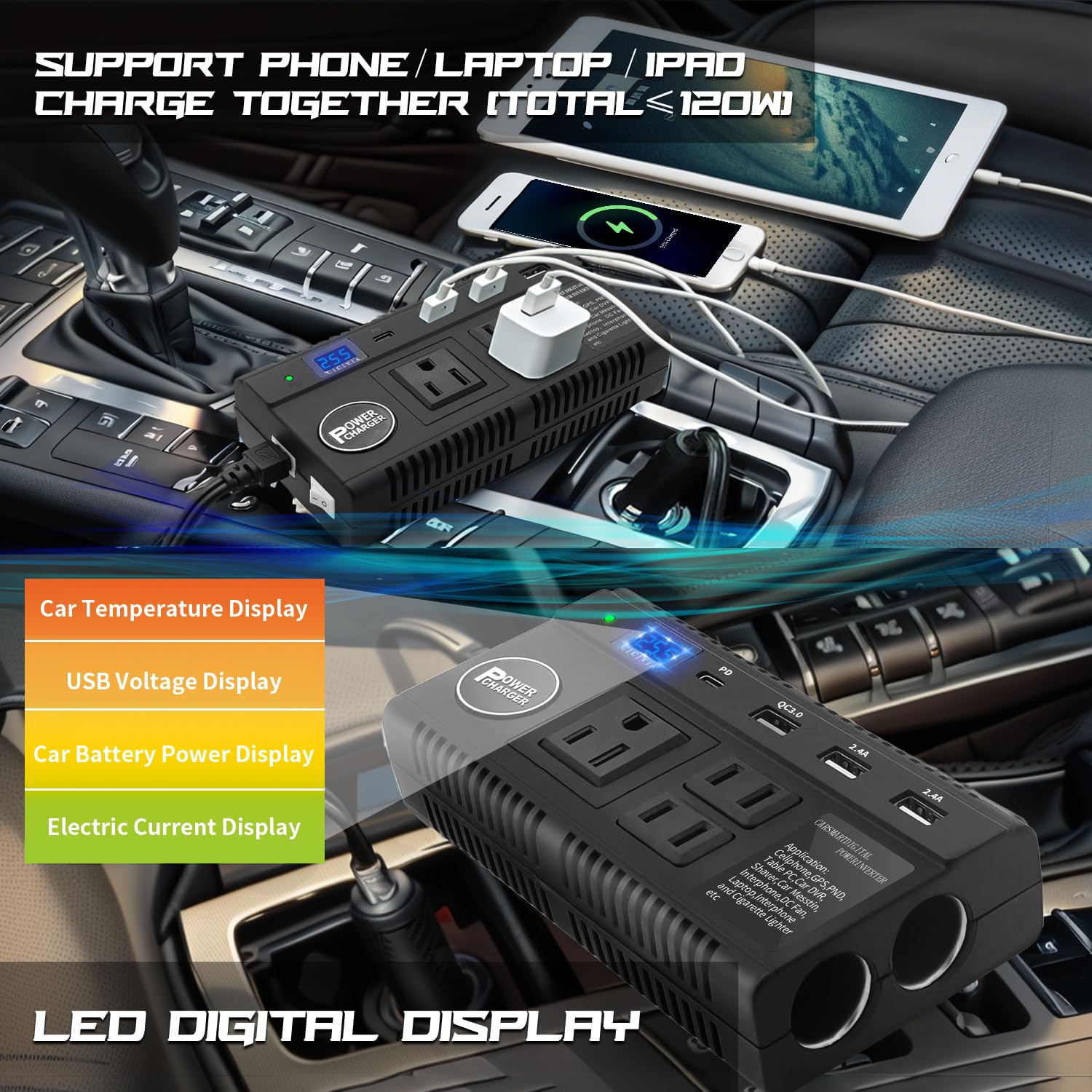 Ansee inverter with three AC outlets and dual cigarette lighter sockets for devices.