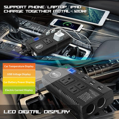 Ansee inverter with three AC outlets and dual cigarette lighter sockets for devices.