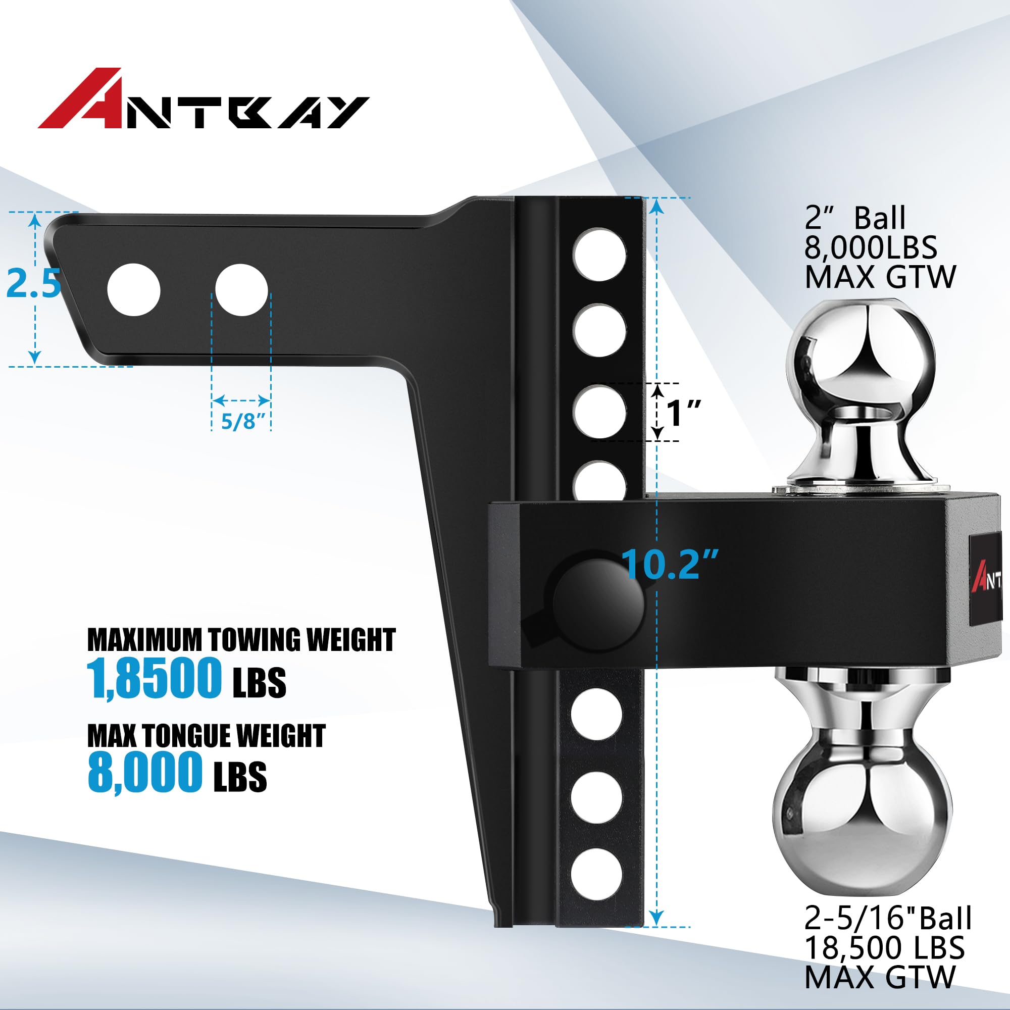 ANTbay 8-inch drop/rise hitch demonstrated for level towing on uneven terrain.