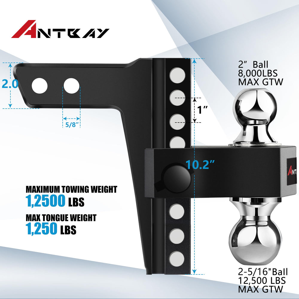 ANTbay dual ball mount shows 8-inch drop for trailer height flexibility