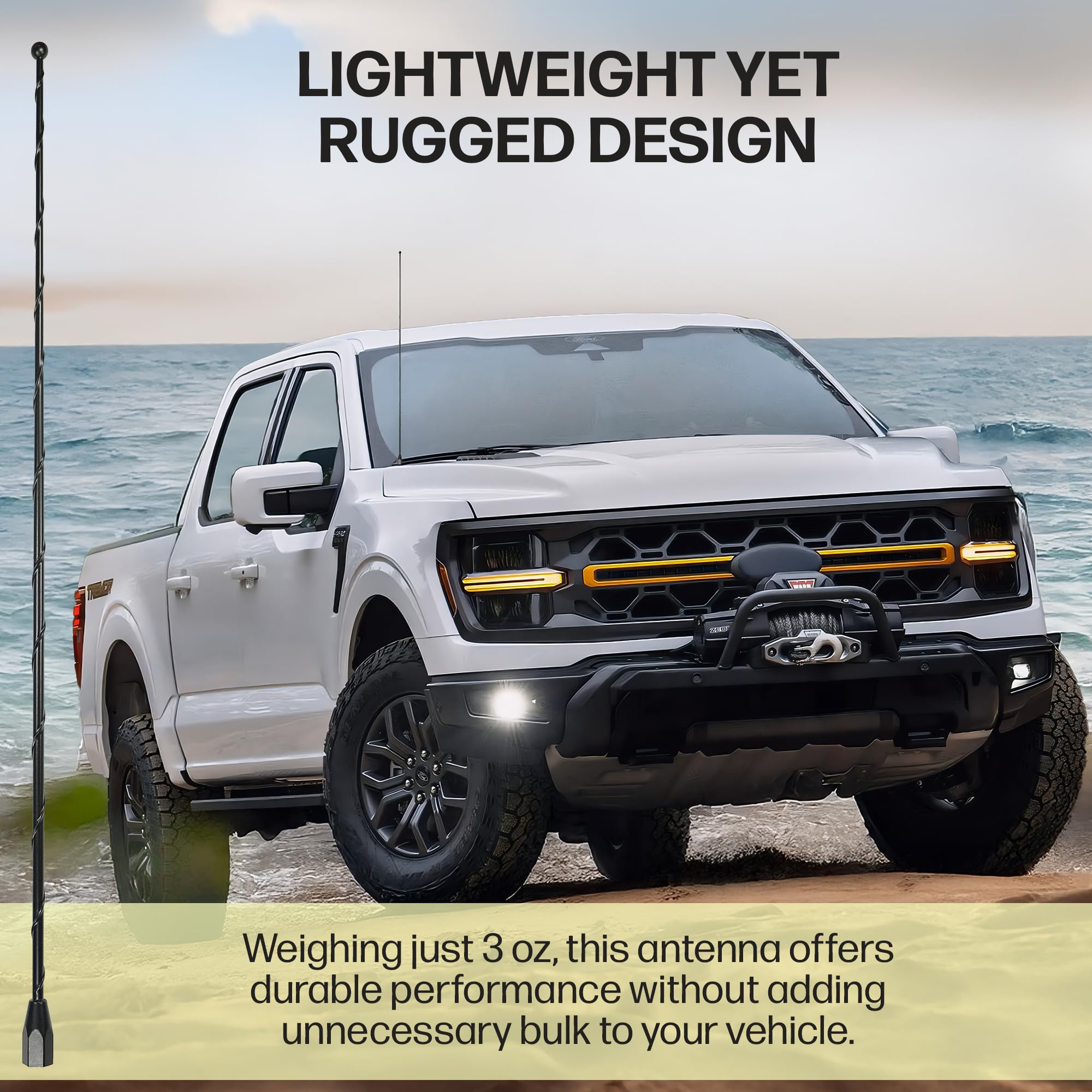 AntennaMastsRus 31-inch black mast installed on pickup for rugged aesthetic