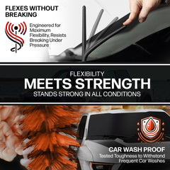 Car wash-safe rubber and stainless design withstands suds and brushes.