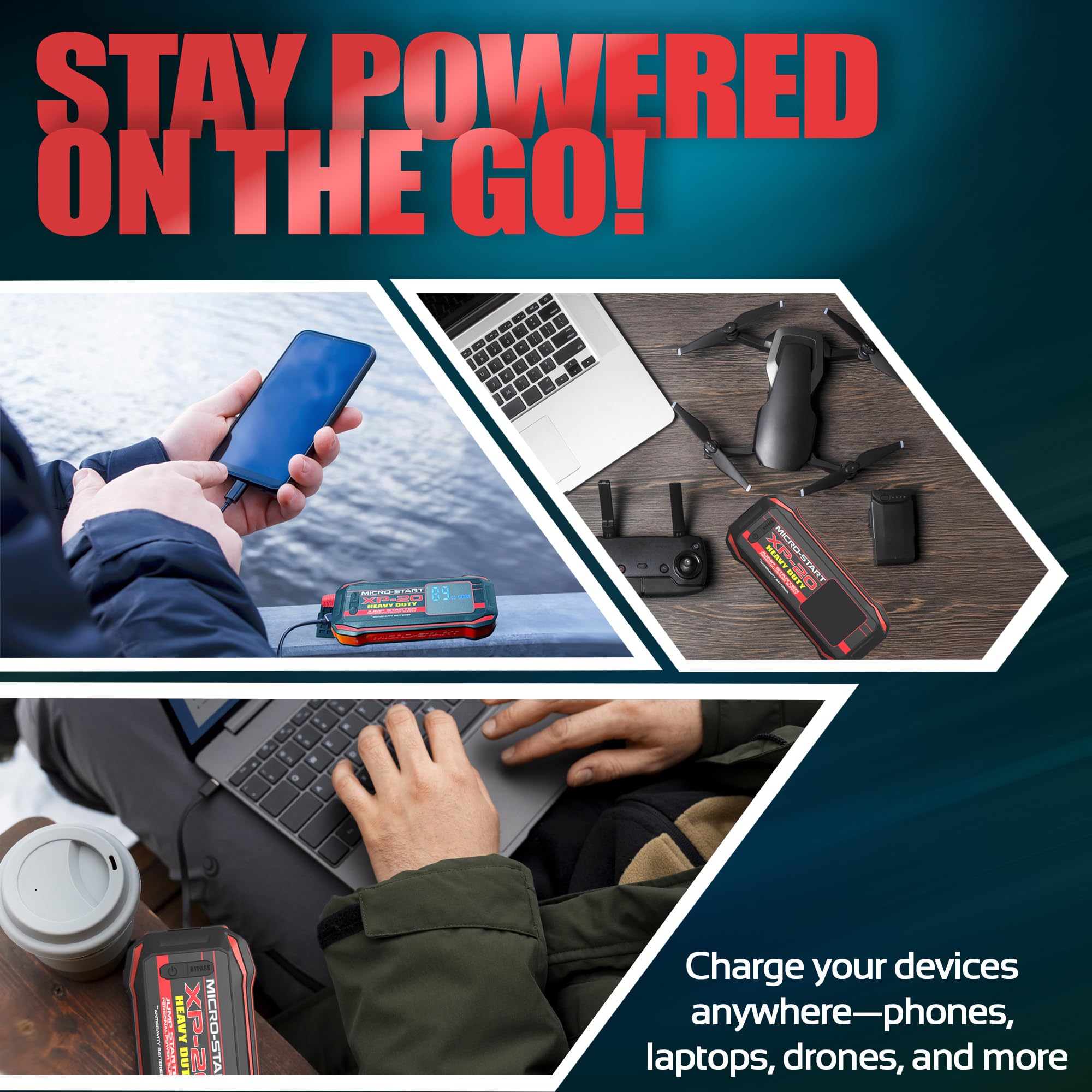 Portable, heavy-duty design of the 4650A jump starter for travel