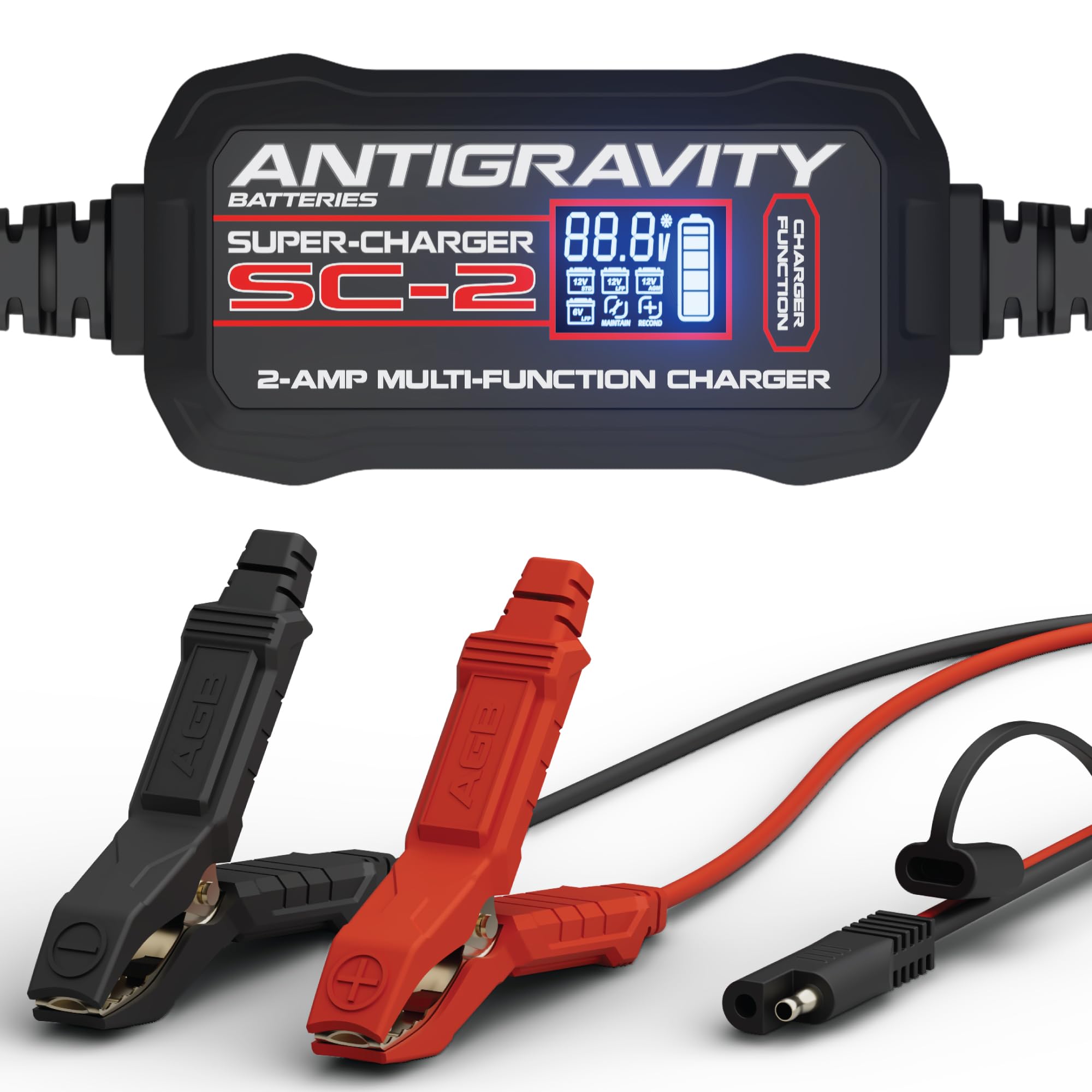 Antigravity Super-Charger LCD display shows real-time voltage for LiFePO4 and lead-acid batteries.