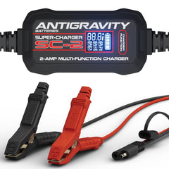 Antigravity Super-Charger LCD display shows real-time voltage for LiFePO4 and lead-acid batteries.