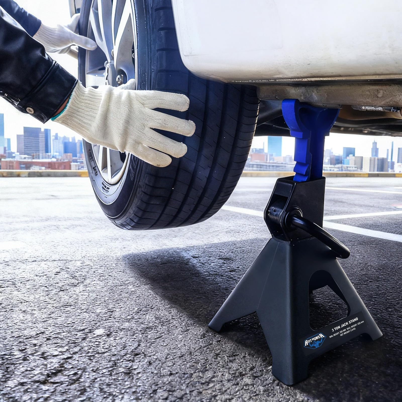ANTPOWER jack stand pair in-use supports during tire changes