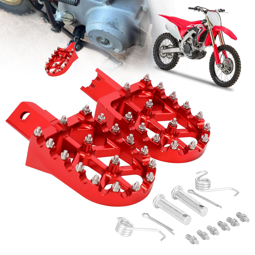 AnXin CNC aluminum red foot pegs for universal dirt bikes, offering stronger grip and corrosion resistance.