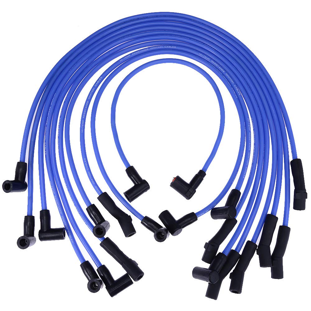 Anxingo racing blue spark plug wires pack for Ford engines improves ignition reliability.