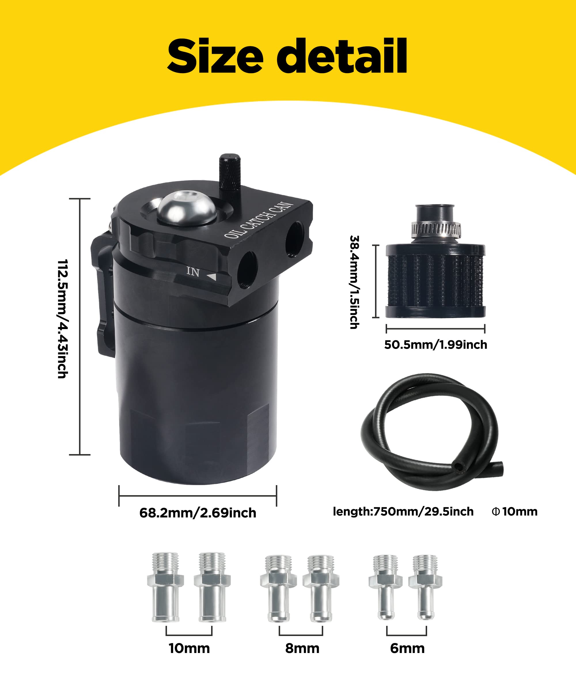 AOCISKA oil catch can with hose kit facilitates easy installation and versatile vehicle fit.