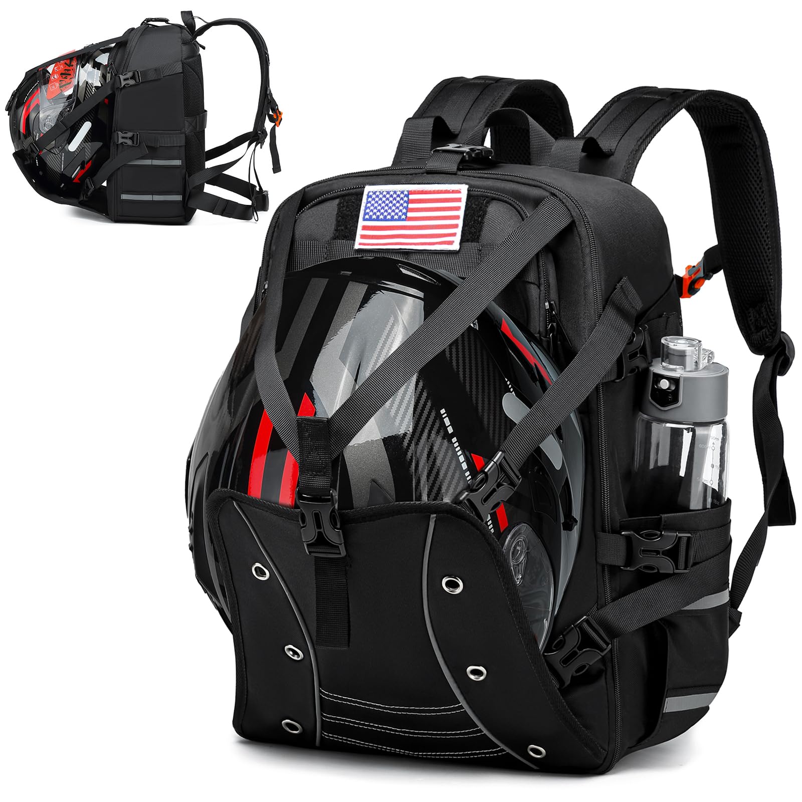 Aocrin helmet backpack front view, ideal for hands-free helmet transport.