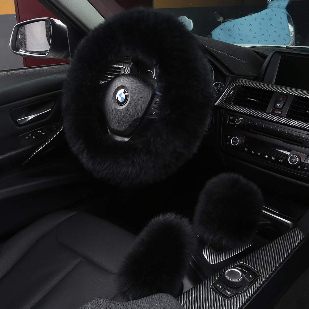 AOGELAN steering wheel cover in fluffy wool close-up showing plush comfort