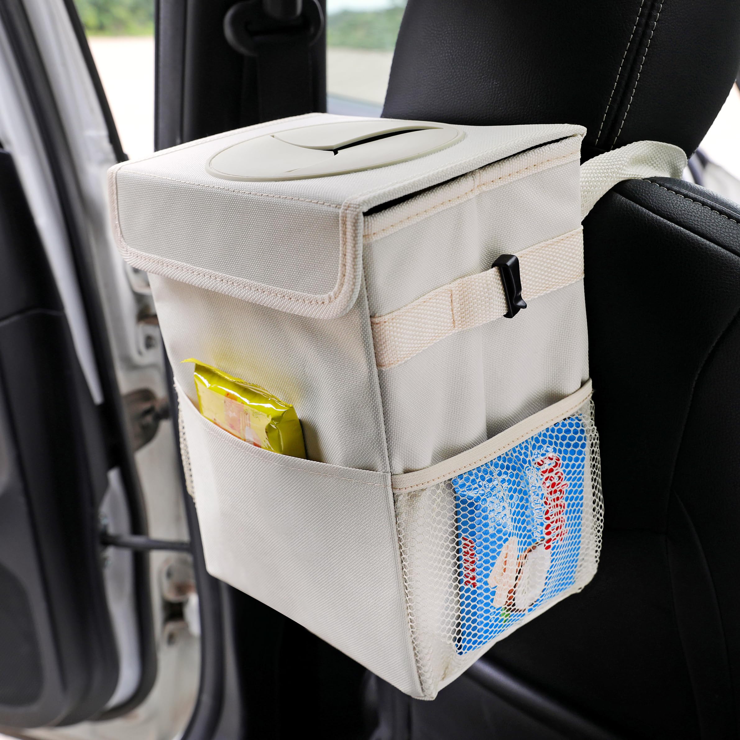 AOKJOY beige car trash bin blends with interior and stays discreet.