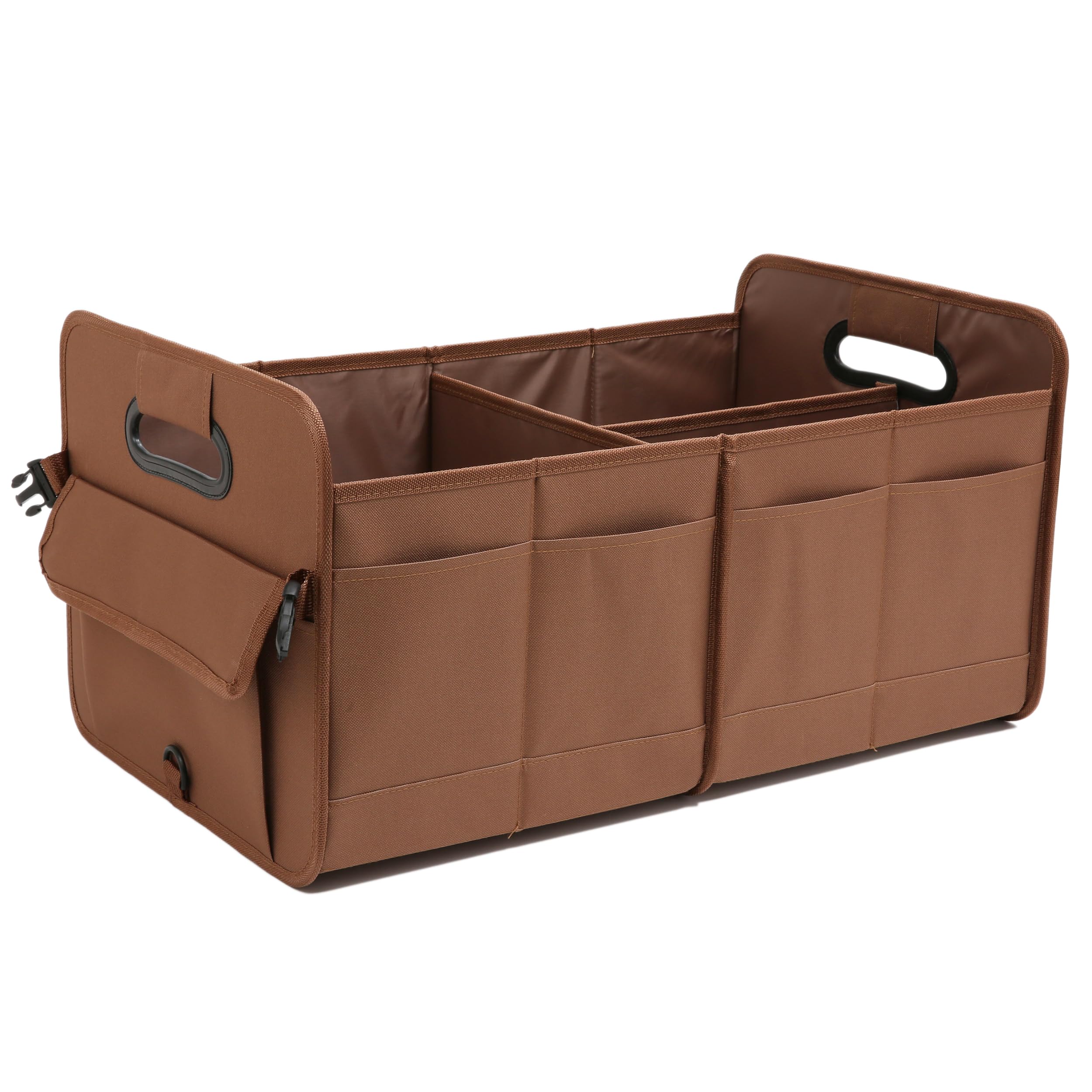 AOKJOY car trunk organizer in brown, folded with buckle for compact storage