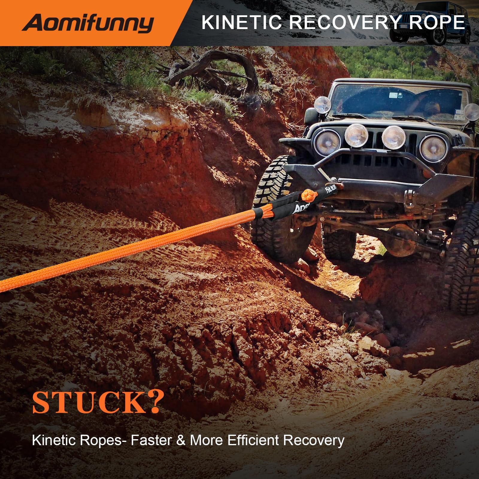 Aomifunny off-road vehicle being recovered with rope.
