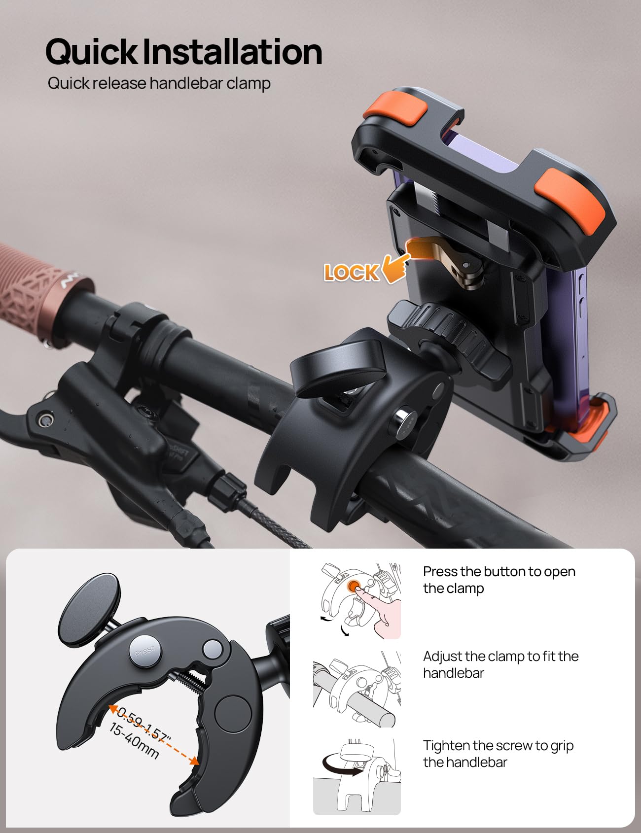 Aomiker lock mechanism highlights secure mounting during braking and bumps.