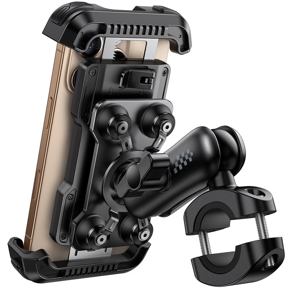 Aomiker mount with metal extension arm for flexible phone positioning on the bike.
