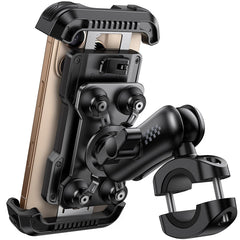 Aomiker mount with metal extension arm for flexible phone positioning on the bike.