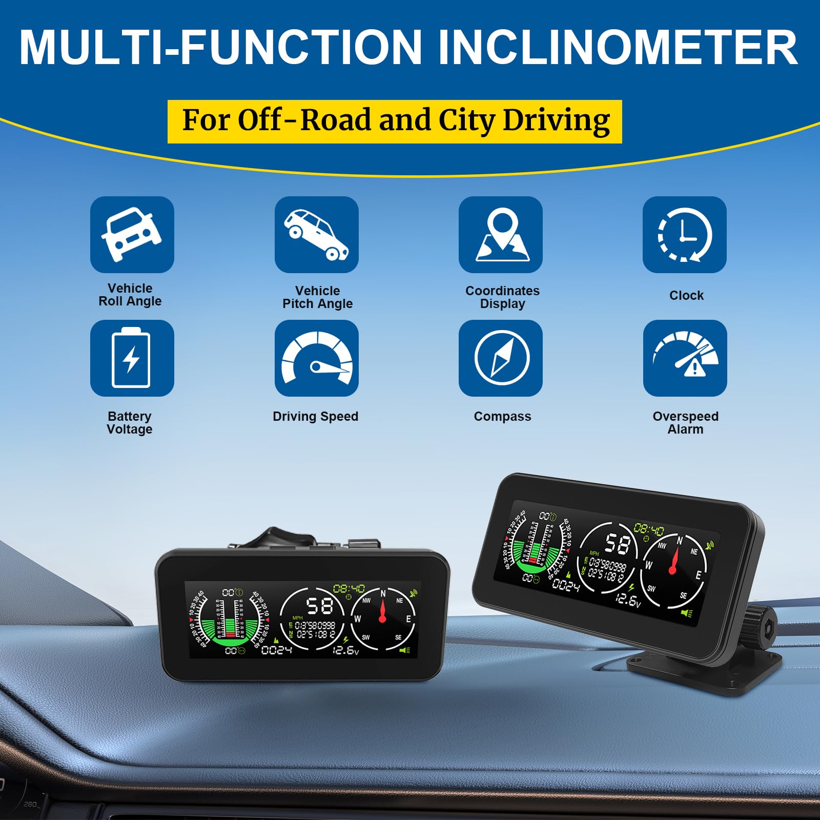 AOMOSUR tilt-angle indicator roll-pitch helps monitor vehicle tilt on rough terrain.