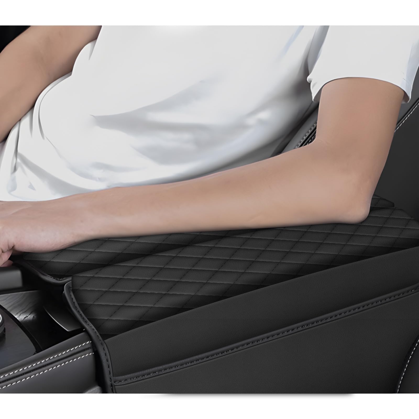AOMSAZTO Leather armrest cover hugs the Rogue center console.