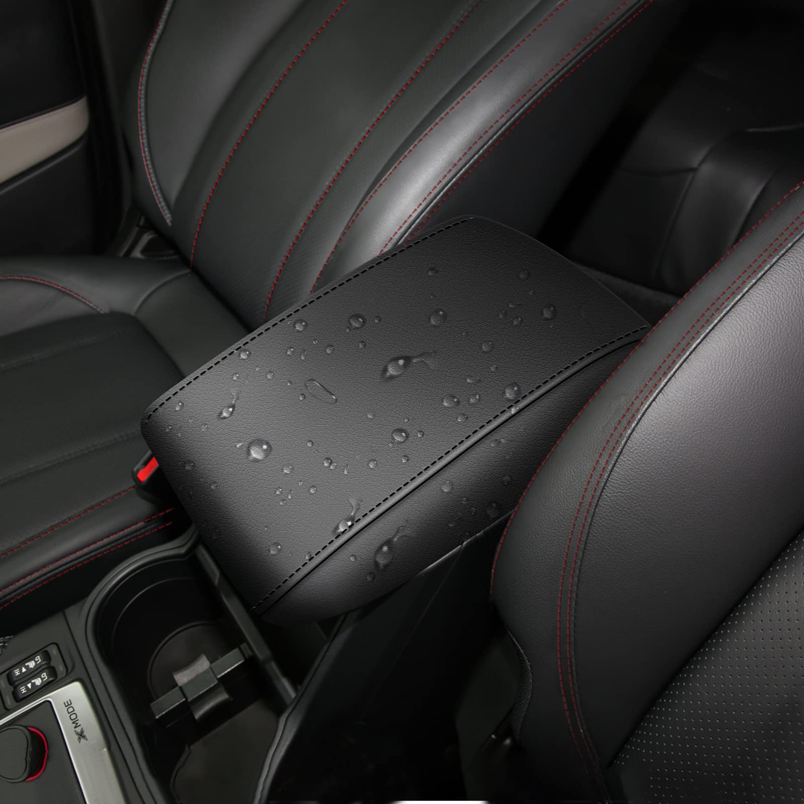 AOMSAZTO Forester armrest cover in black stitches shields the armrest from wear and dirt.