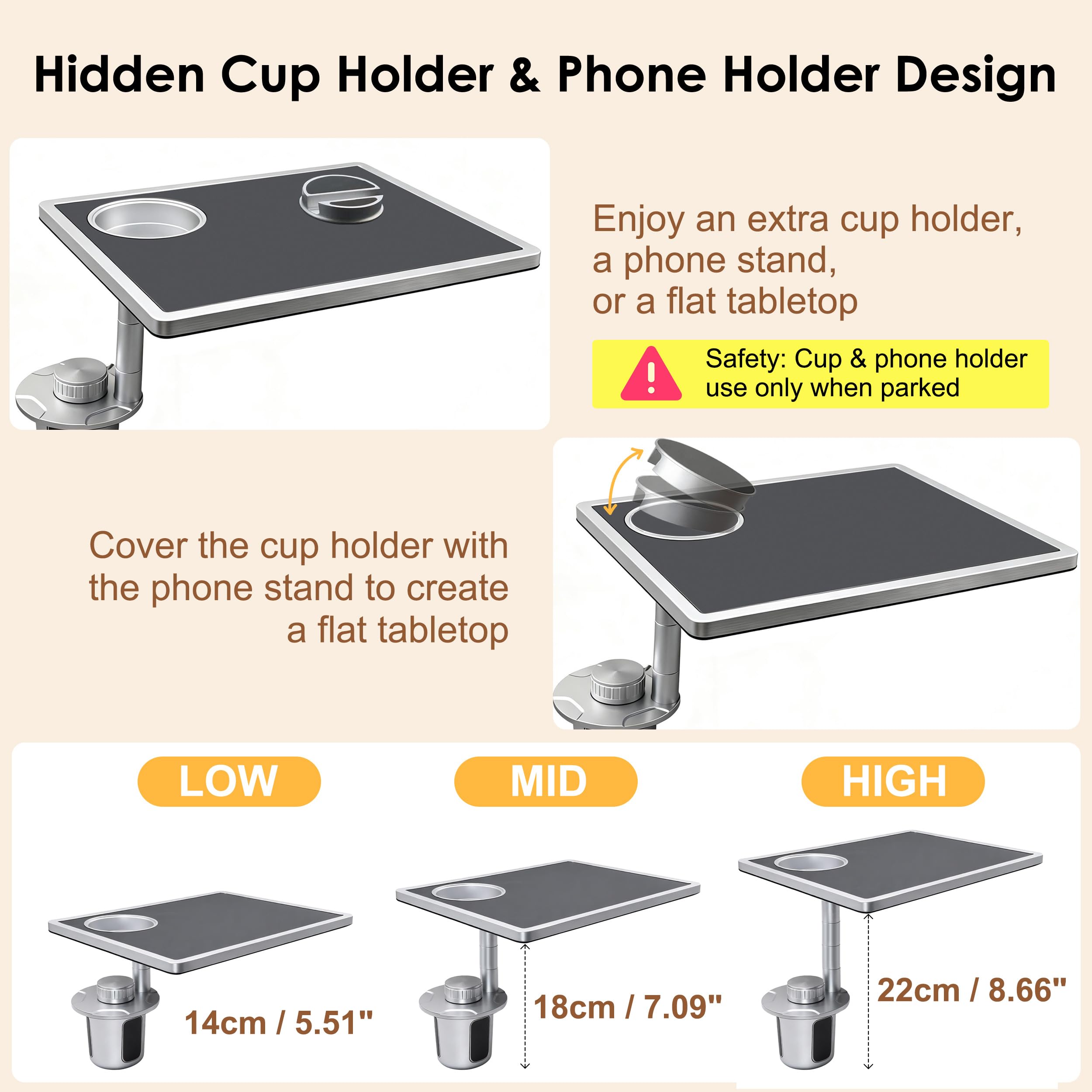 Tray fits round cup holders 2.28 to 3.66 inches in diameter
