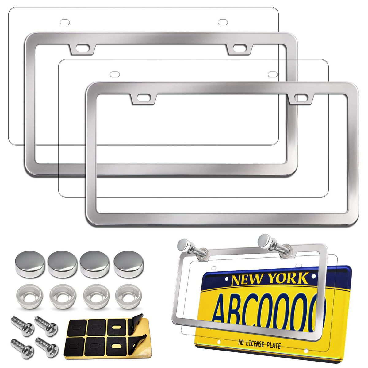 Aootf stainless steel license plate frame front view with chrome caps and shine
