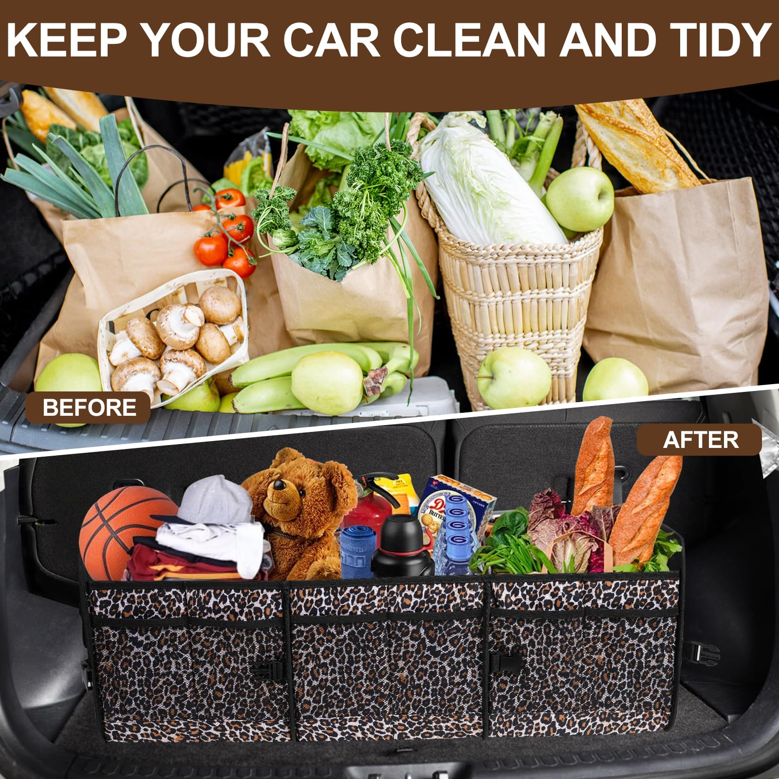 AOPHY leopard trunk organizer folded on front seat for portable storage