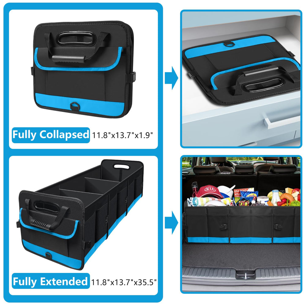 AOPHY blue trunk organizer showing adjustable straps to secure in the trunk.